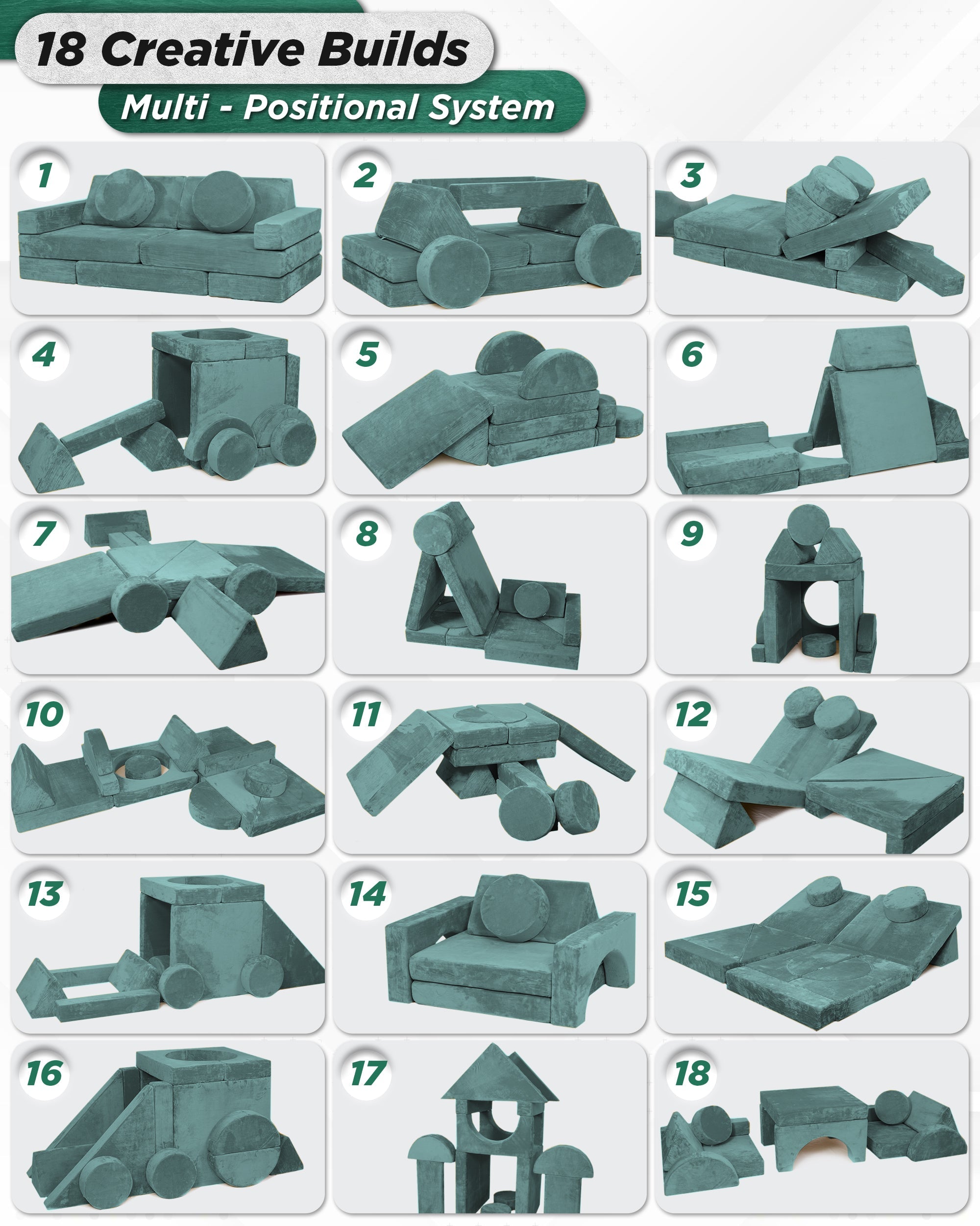 LX15 14pcs Modular Play Couch, Sage Teal