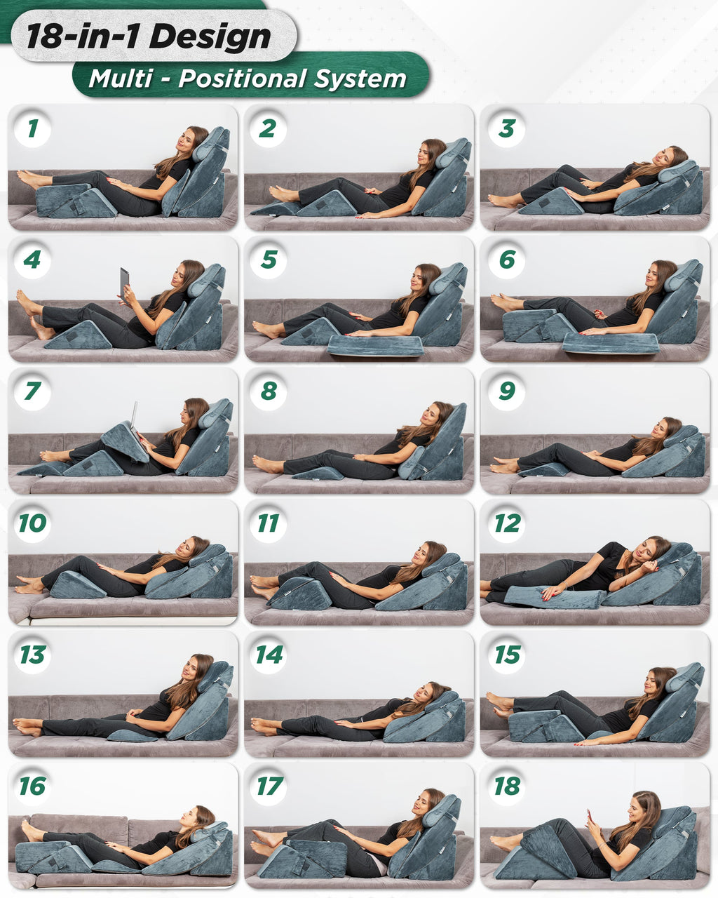 LX13 6-Piece Post-Surgery Recovery System, Orthopedic Bed Wedge Pillow Set, Stone Navy
